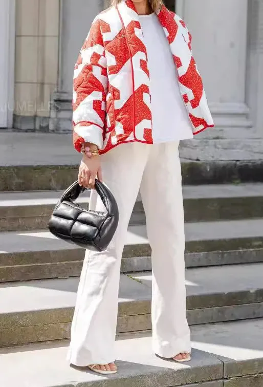 Geometric Turndown Collar Floral Cardigan