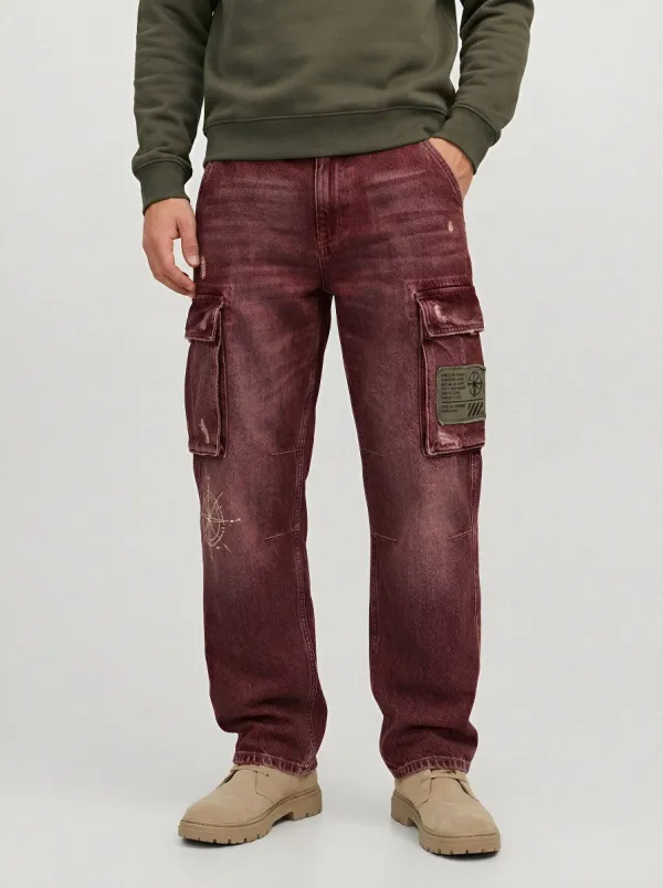 Men's Mid-Blue Distressed Mid Blue Embroidered Pocket Cargo Pants