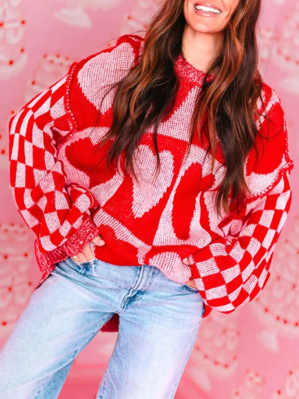 Textured Heart Pattern Checkerboard Knit Sweater