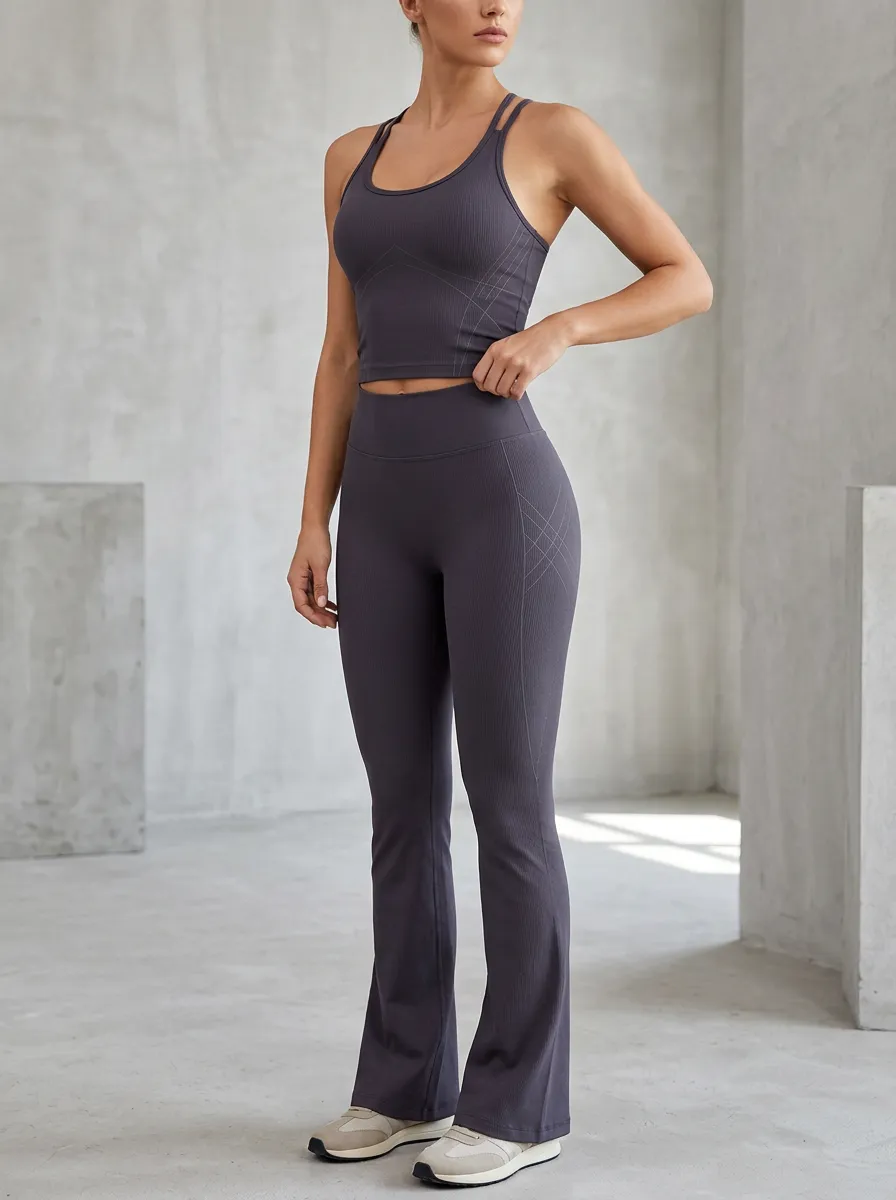 Ribbed Seamless-Look Yoga Fitness Women's Tank Top Flare Pants Active Set