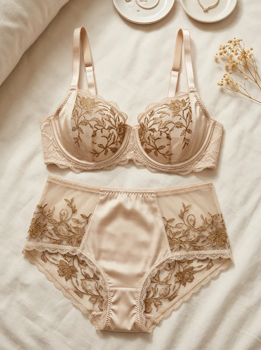 Women's Floral Embroidery Satin Mesh Lingerie Set