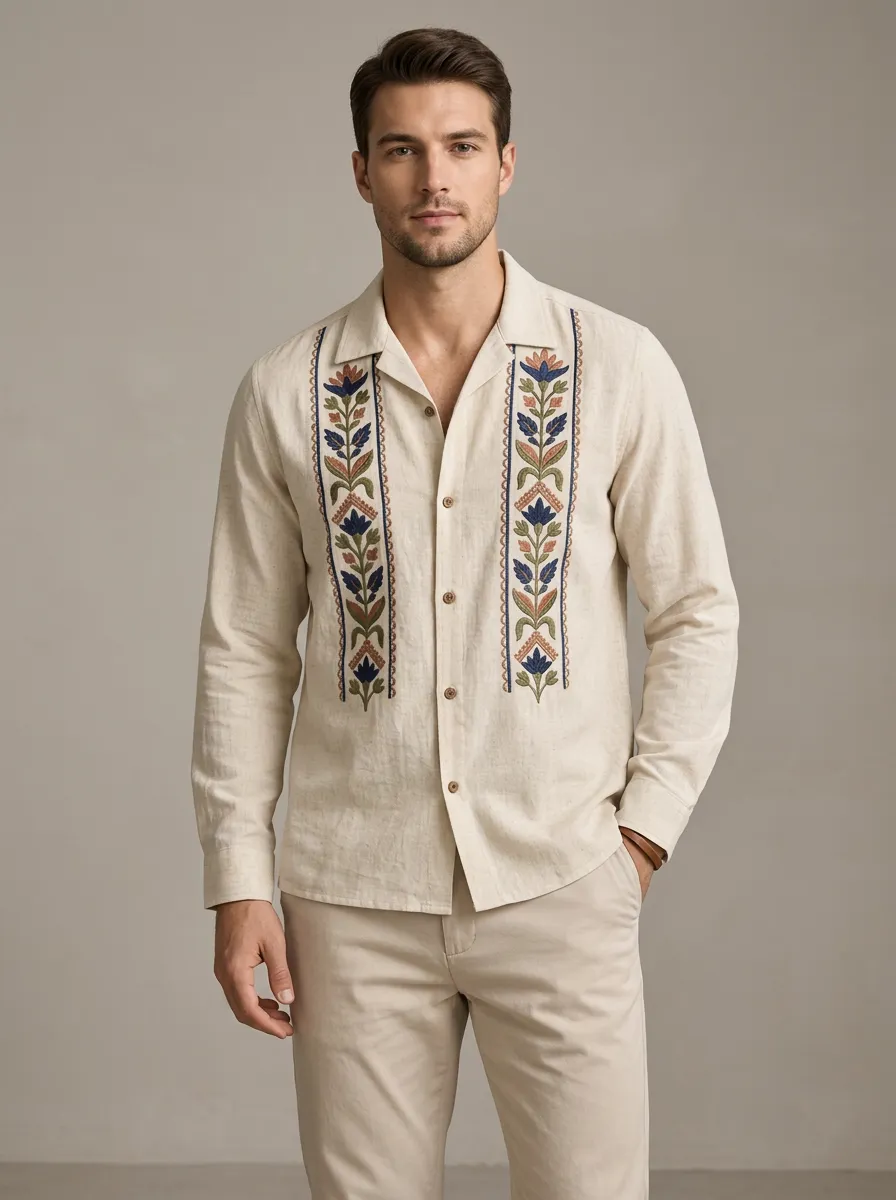 Men's Floral Boho Embroidered Refined Long Sleeve Shirt