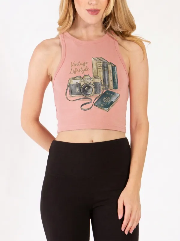 Women's Vintage Lifestyle Camera Books Passport Graphic Ribbed Crop Tank Top