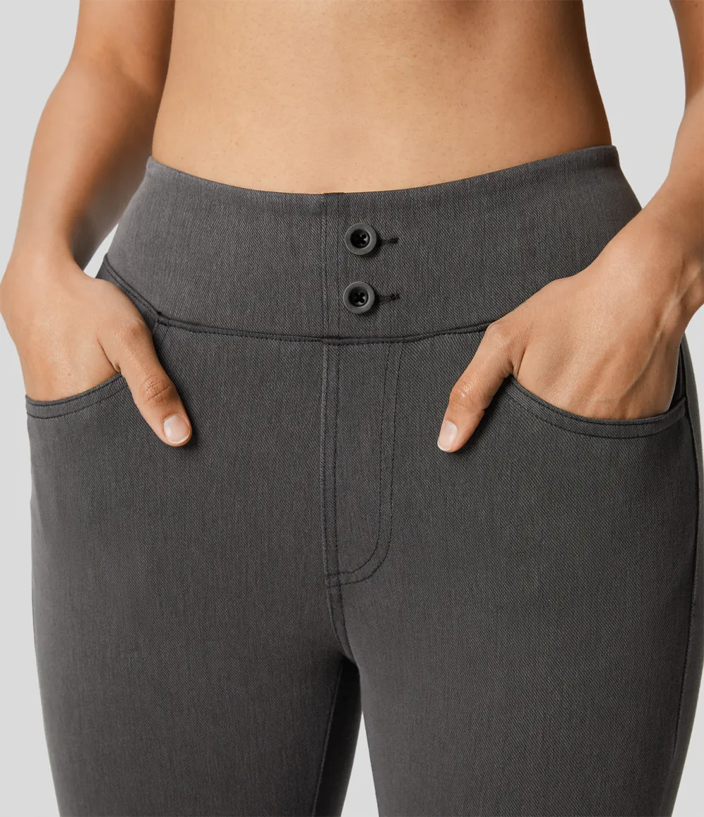 Magic Curvy High Waisted Decorative Button Multiple Pockets Stretchy Knit Denim Casual 7/8 Leggings