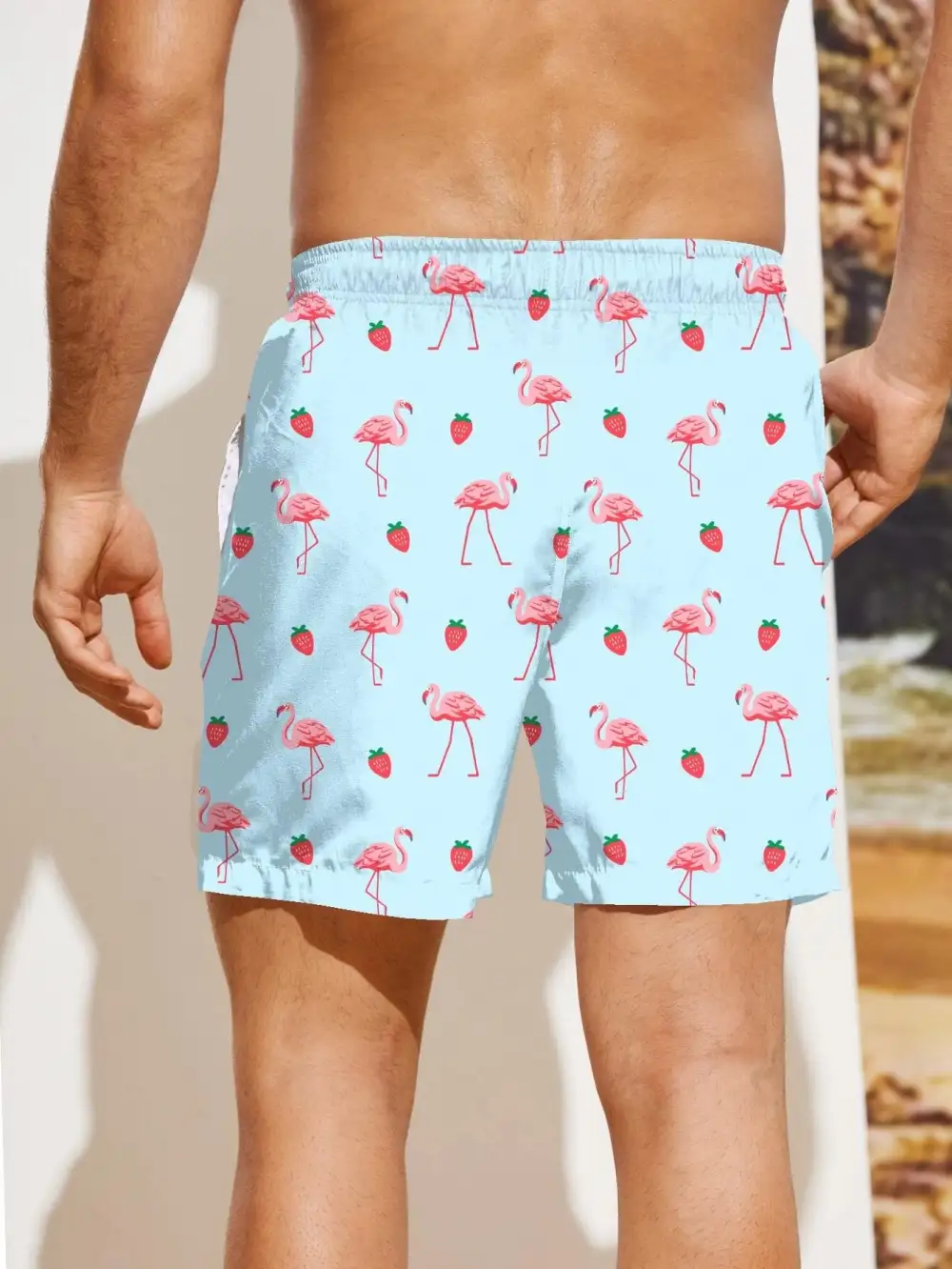 Men's Boho Flamingo Drawstring Allover Print Beach Shorts