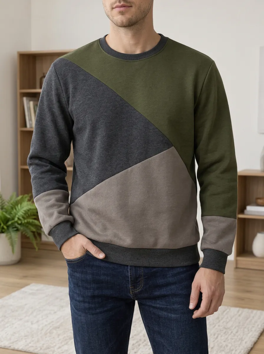 Men's Color Block Geometric Pattern Fleece Sweatshirt