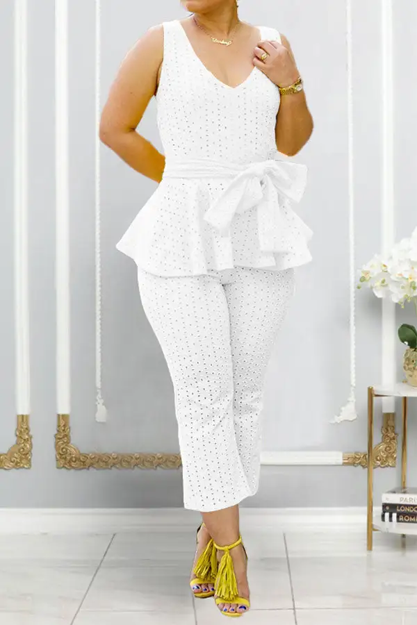 Solid Color Peplum Belted Pant Set