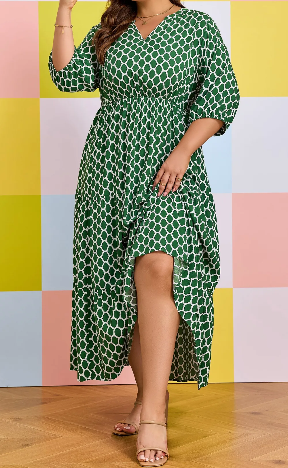 Classic Plus Fit Geometric Print Pocketed Ruffle Hem Casual Dress