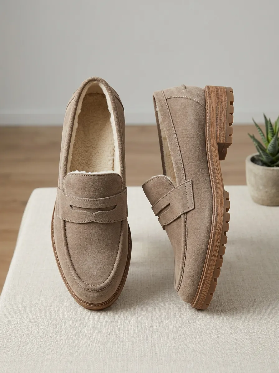 Women's Faux Fur Lined Penny Suede Wood Sole Loafers