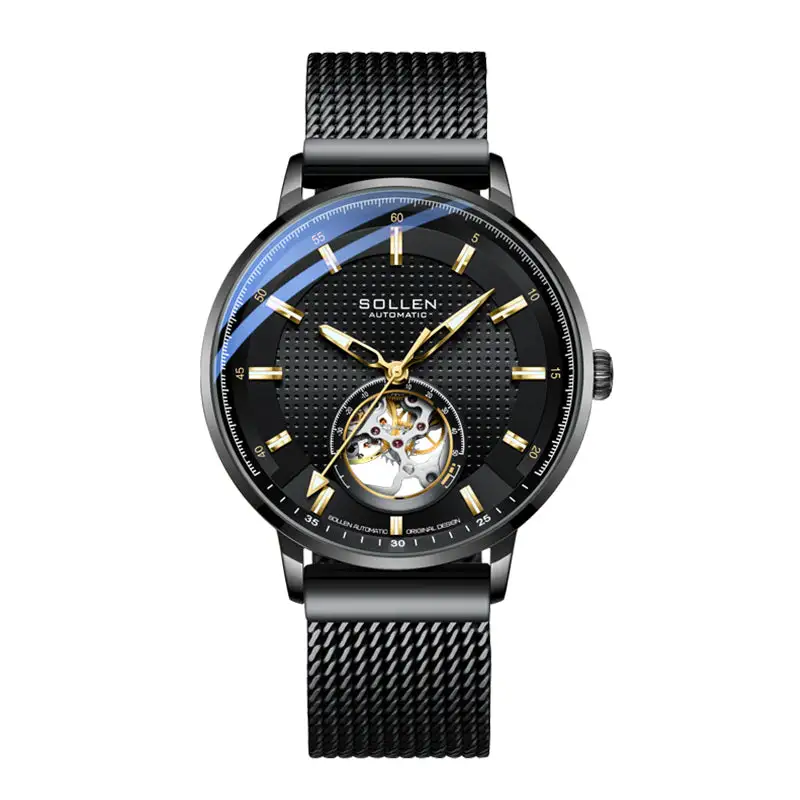 Sollen SL362 Men's Open Heart Automatic Mechanical Watch - 42mm Stainless Steel Case Slim 9.9mm Ice Blue Luminous Markers Mesh Bracelet Wristwatch