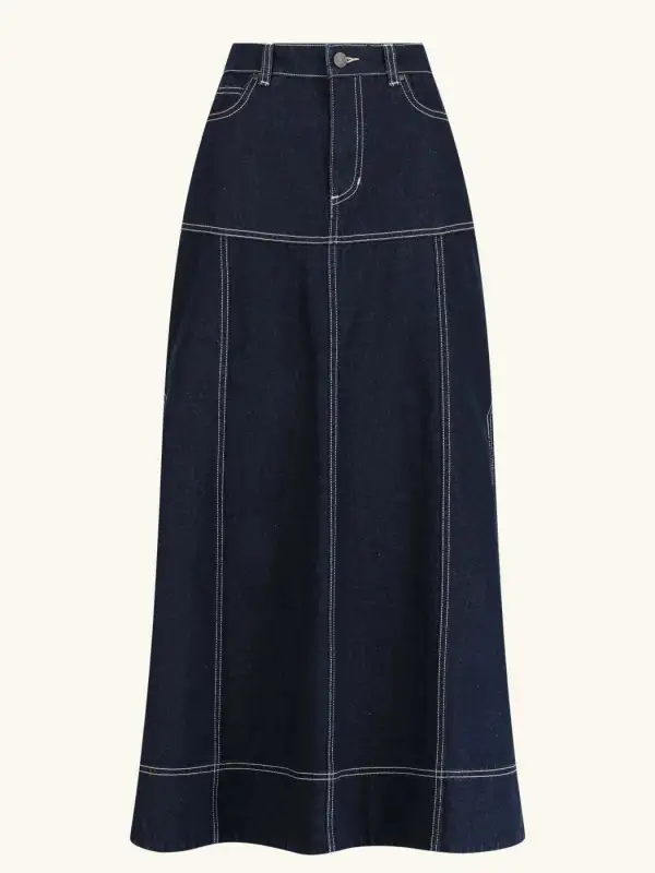 High-Waist Side Slit Contrast Stitch Maxi Skirt