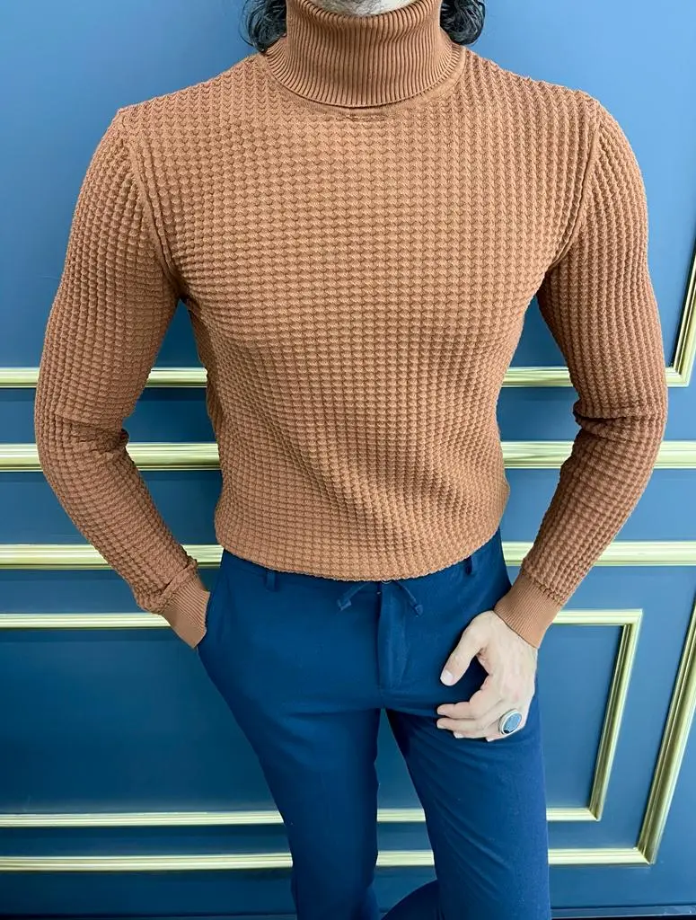 Modern Slim Fit Textured Cotton Turtleneck Sweater