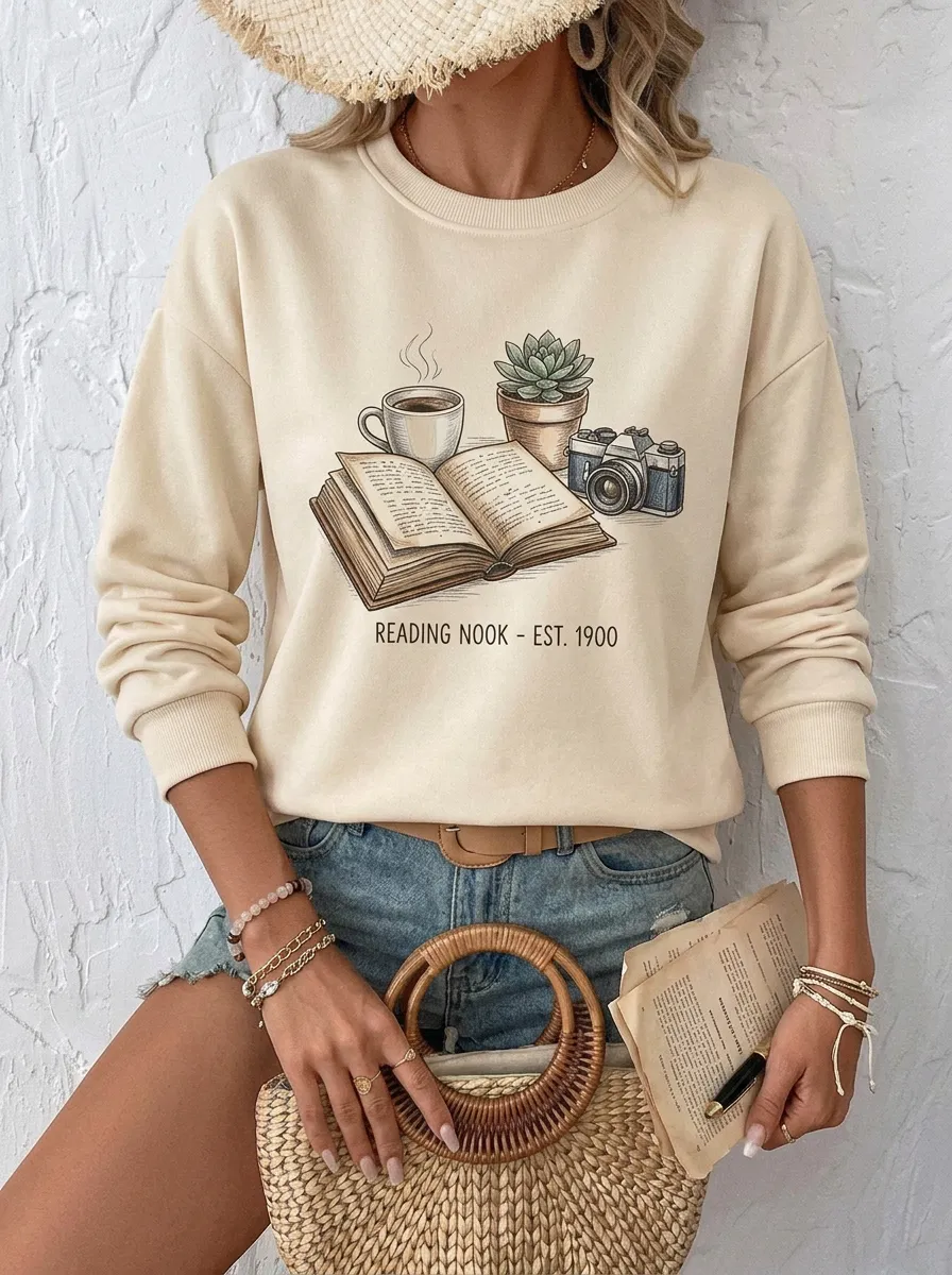 Women's Book Lover Reading Nook Coffee Camera Printed Sweatshirt