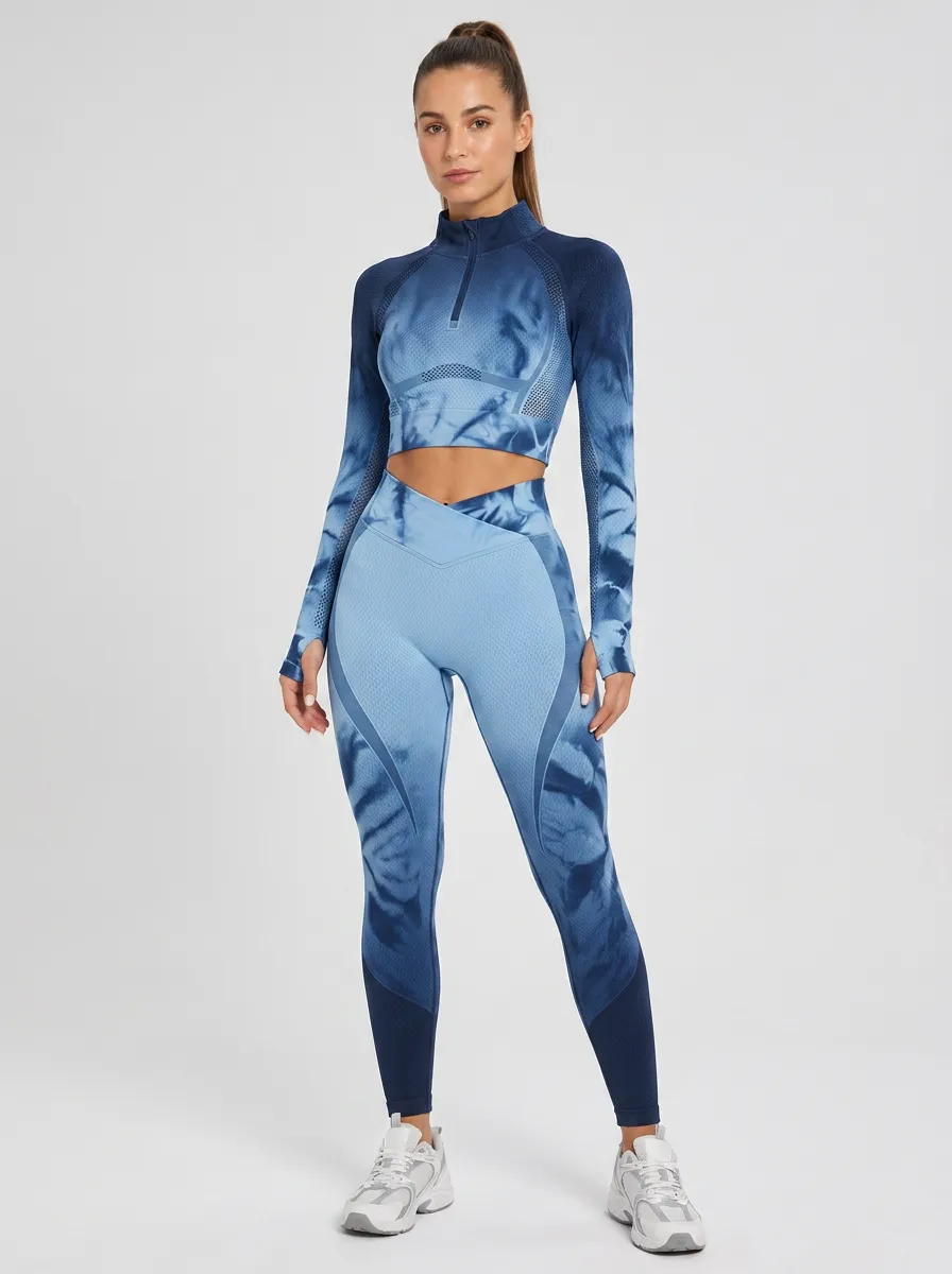 Women's Blue Tie-Dye Quarter-Zip Crop Top and Legging Set