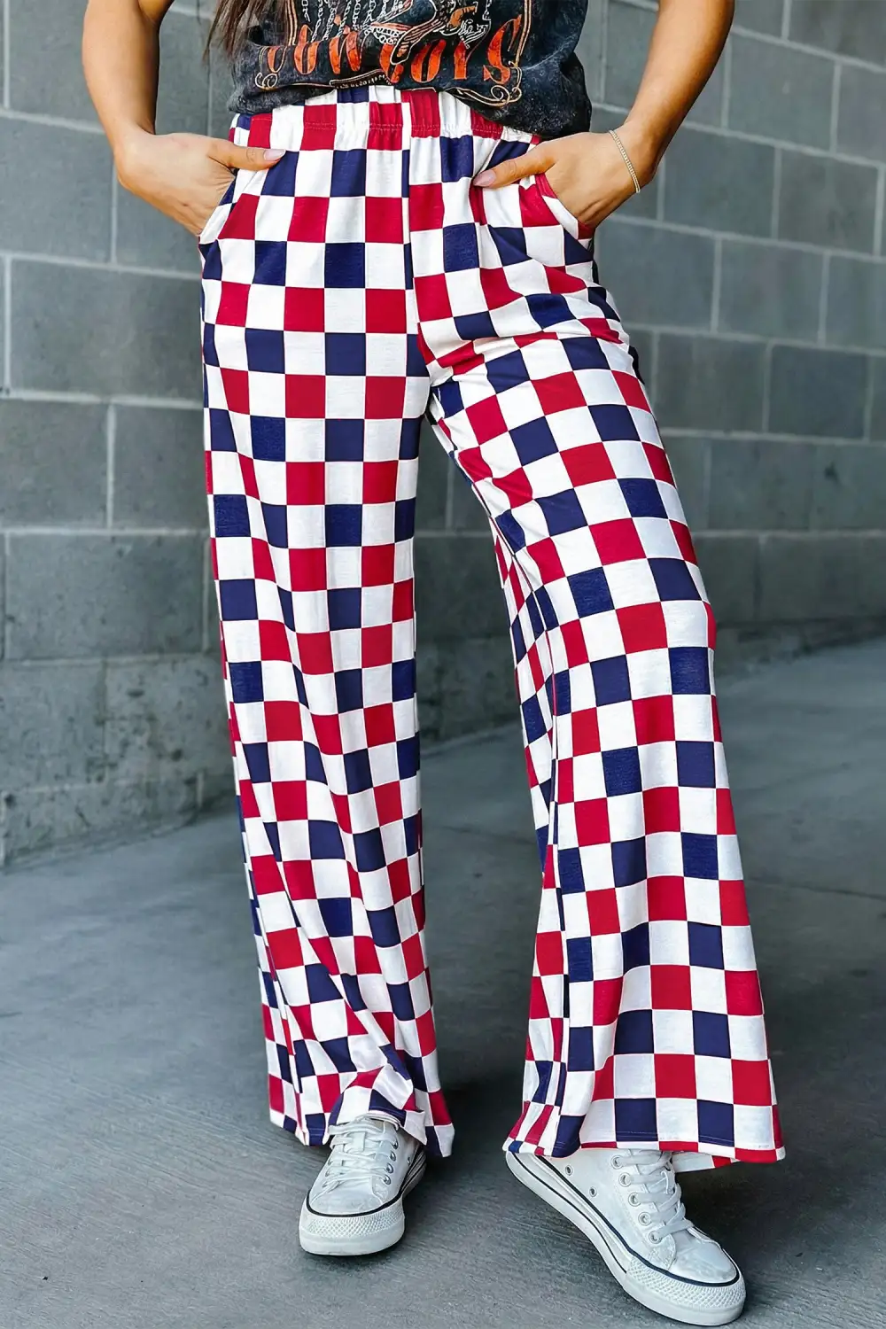 Tone Checked Print High Waist Wide Leg Trousers