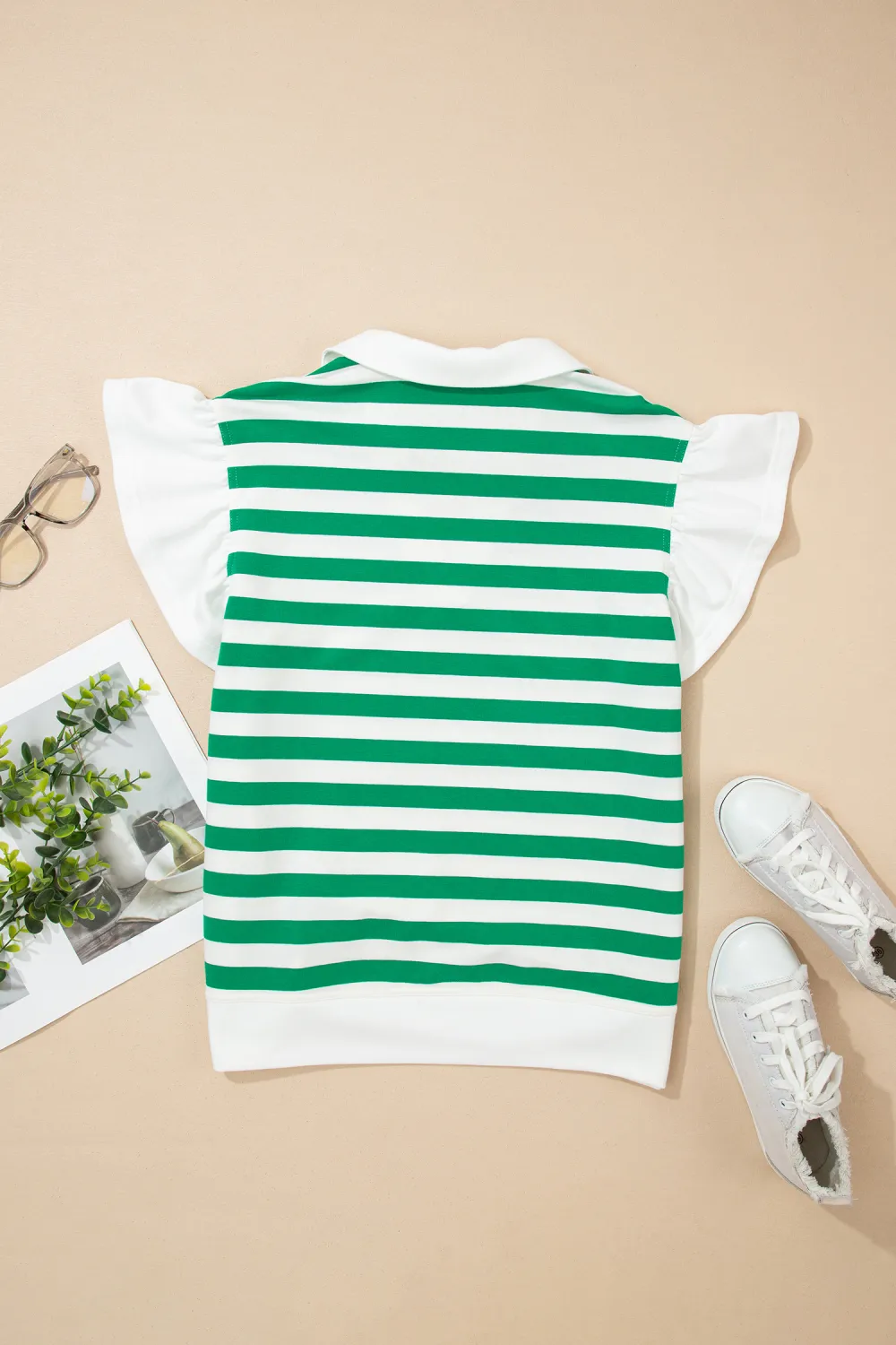 Green Stripe Collar V Neck Blouse