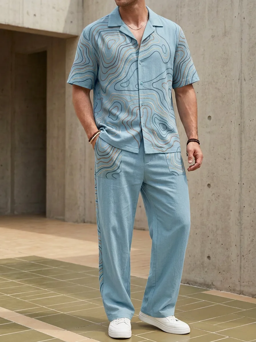 Men's Outdoor Adventure Topographic Map Printed Casual Set