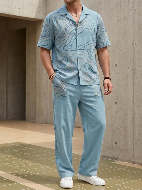 Men's Outdoor Adventure Topographic Map Printed Casual Set