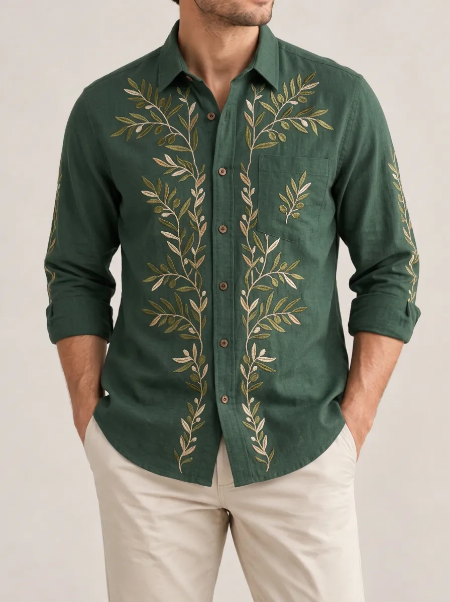 Men's Casual Botanical Branch Embroidered Shirt
