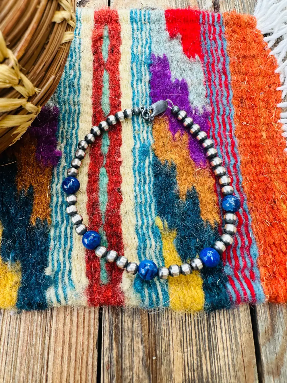 Beaded Pearl Lapis Sterling Silver Bracelet