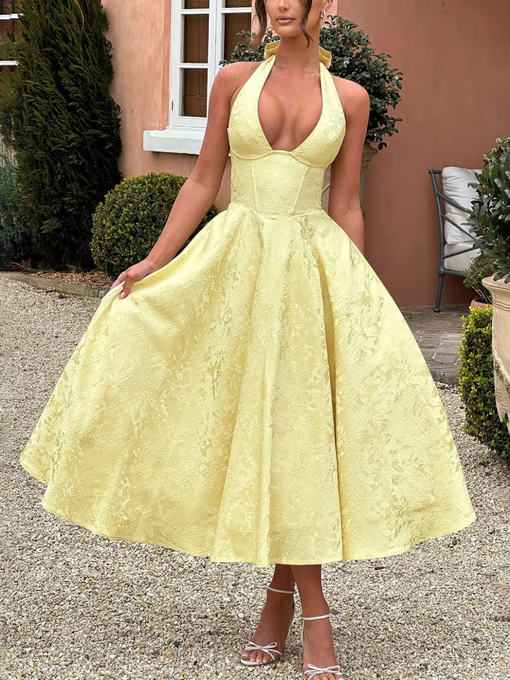 Vintage Elegant Jacquard V Neck Halter Midi Dress