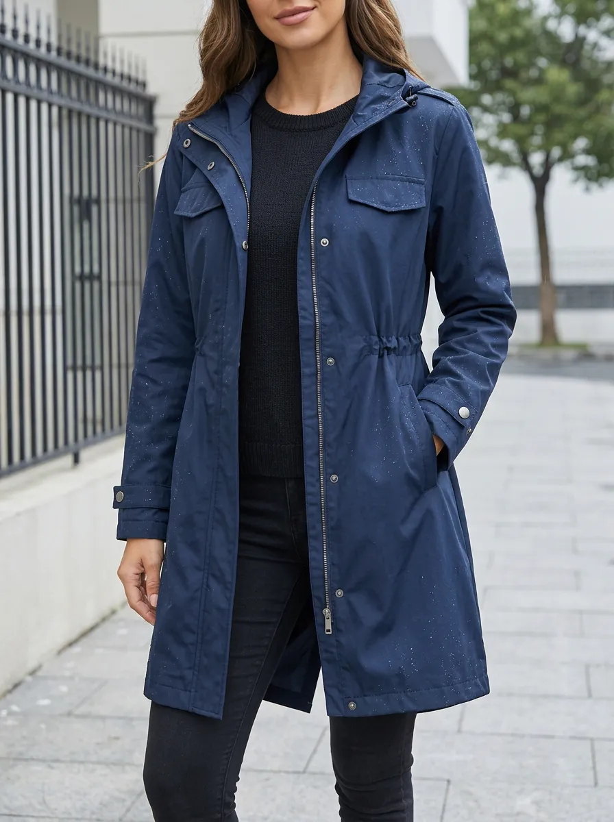 Women's Navy Blue Hooded Waterproof Rain Jacket with Adjustable Cuffs and a Chest Pocket