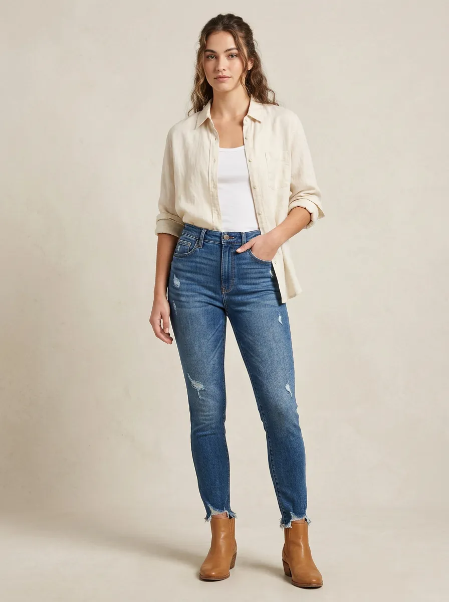 Women's Casual High-Rise Five-Pocket Distressed Skinny Jeans