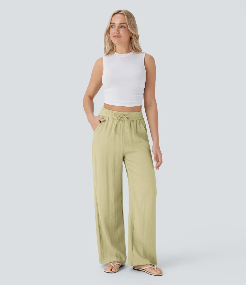 2026🔥  High Waisted Drawstring Pocket Wide Leg Casual Linen-Feel Pants