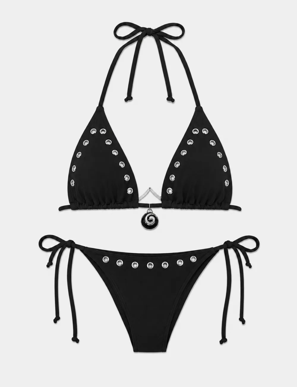 Solid Color Eyelet Detail Triangle Piece Bikini Set