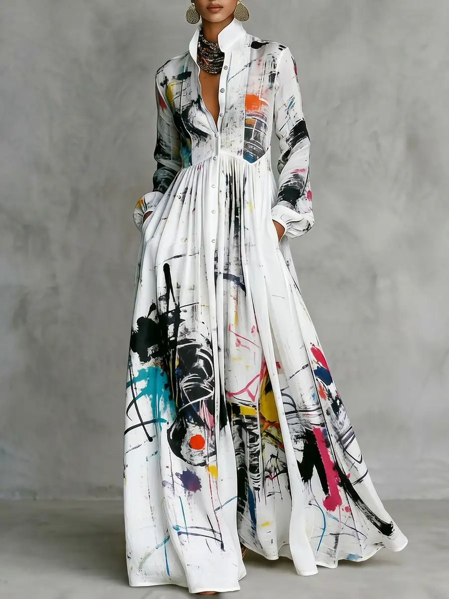 Pleated Printed Buttoned Long Shirt Maxi Dress