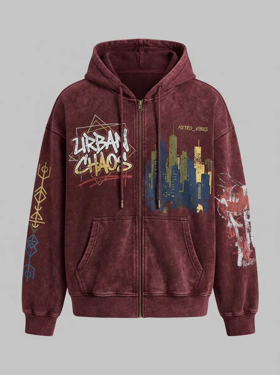 Unisex Streetwear Urban Chaos City Skyline Printed Zip-up Hoodie