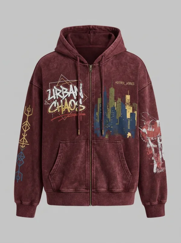 Unisex Streetwear Urban Chaos City Skyline Printed Zip-up Hoodie
