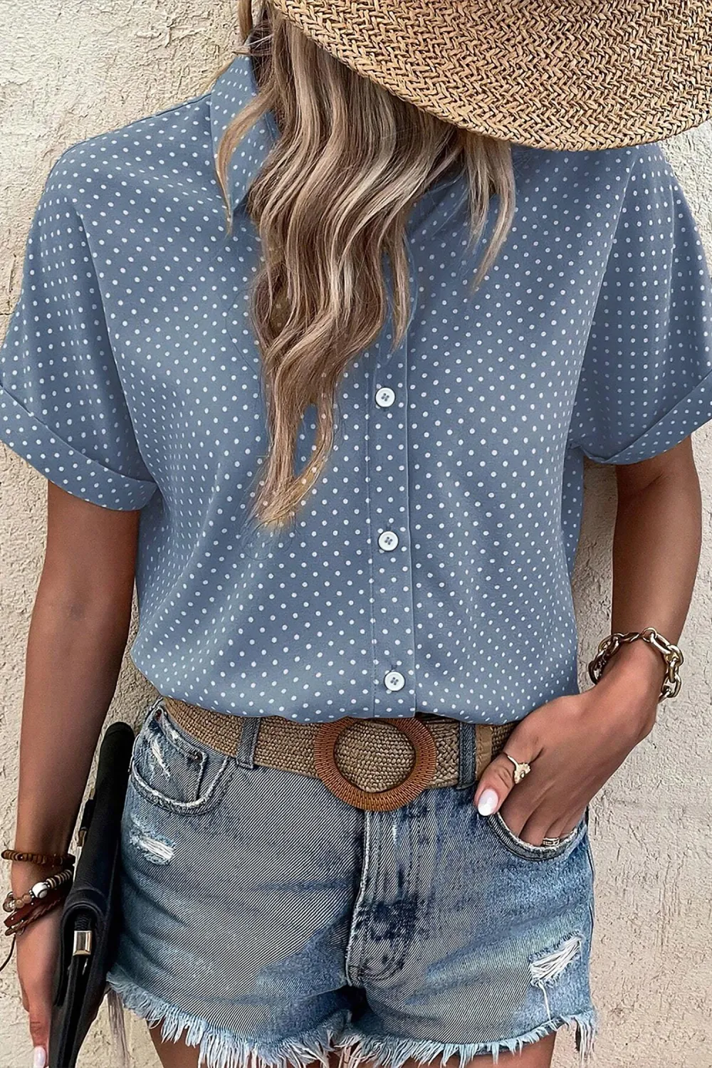 Sky Blue Dotted Print Cuffed Shirt