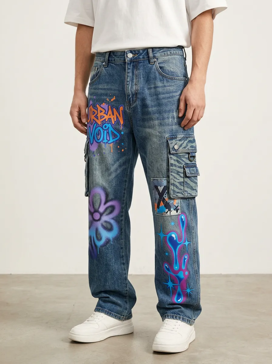 Men's Streetwear Graffiti Urban Void Flower Graphic Cargo Jeans