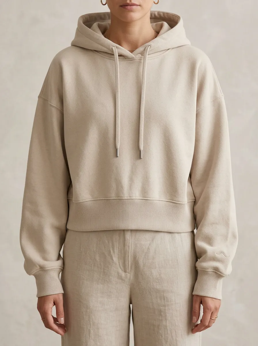Women's Relaxed Minimalist Solid Beige Plain Cropped Hoodie