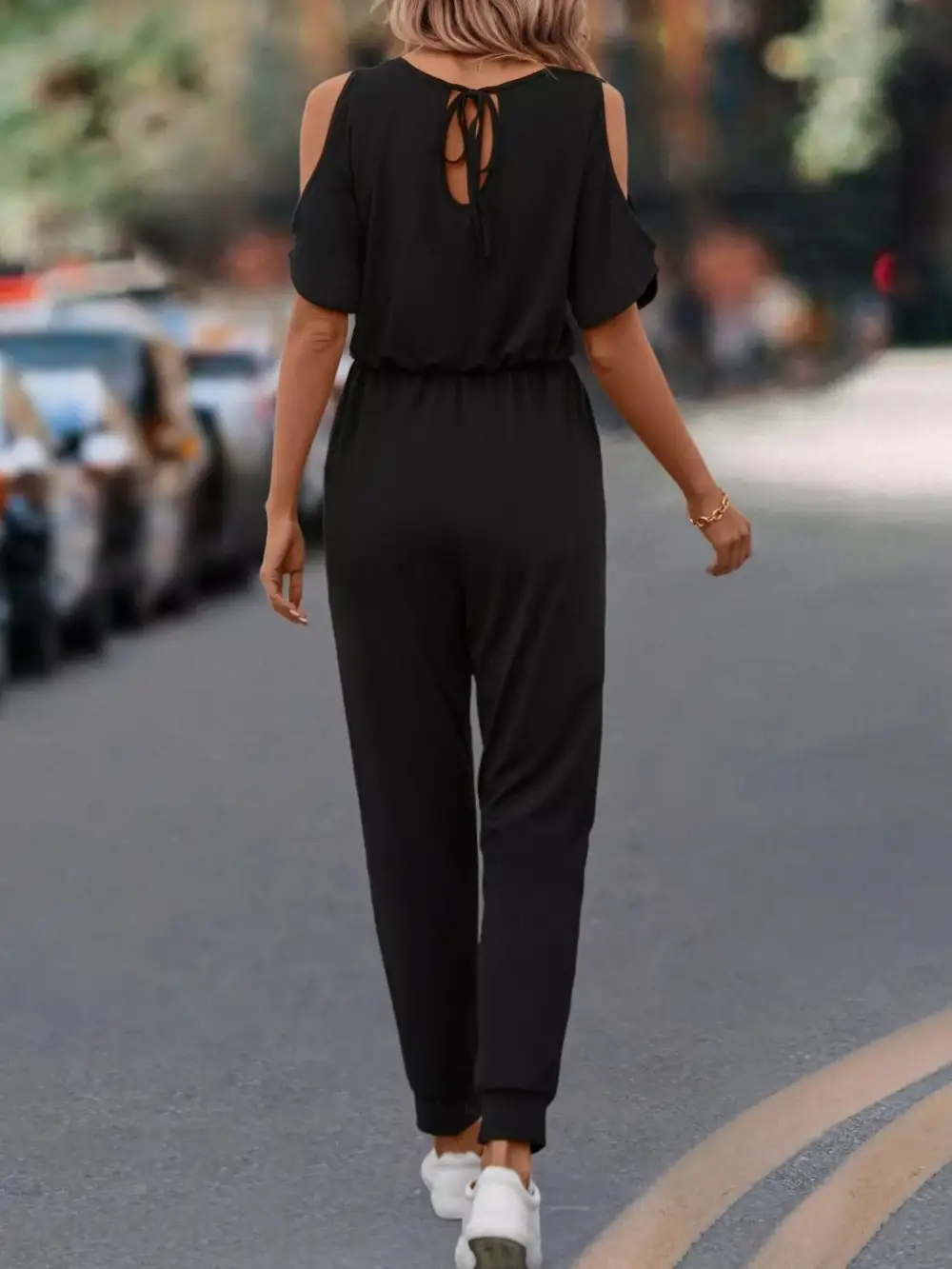 Cold Shoulder V Neck Drawstring Waist Jumpsuit