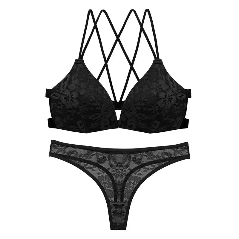 Backless Lace Front-Buckle Triangle Bra Set