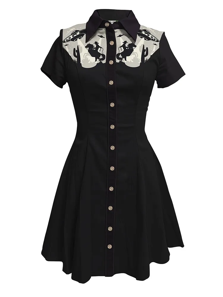 Western Retro Spaceship Cowboy Cactus - 100% Cotton Dress