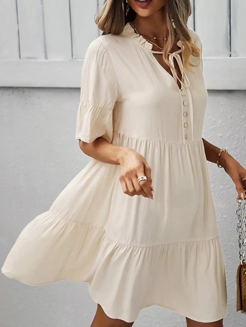 Button Front Ruffle Tiered Mini Dress