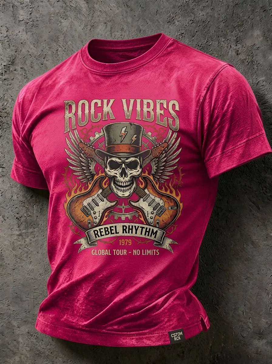 Men's Rock Music Lover Skull Guitar Printed T-shirt