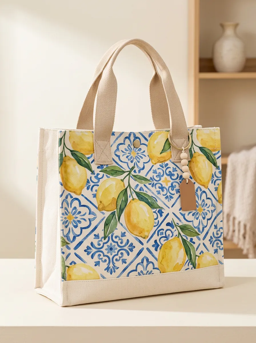 Women's Lemon Printed Canvas Shoulder Tote Bag