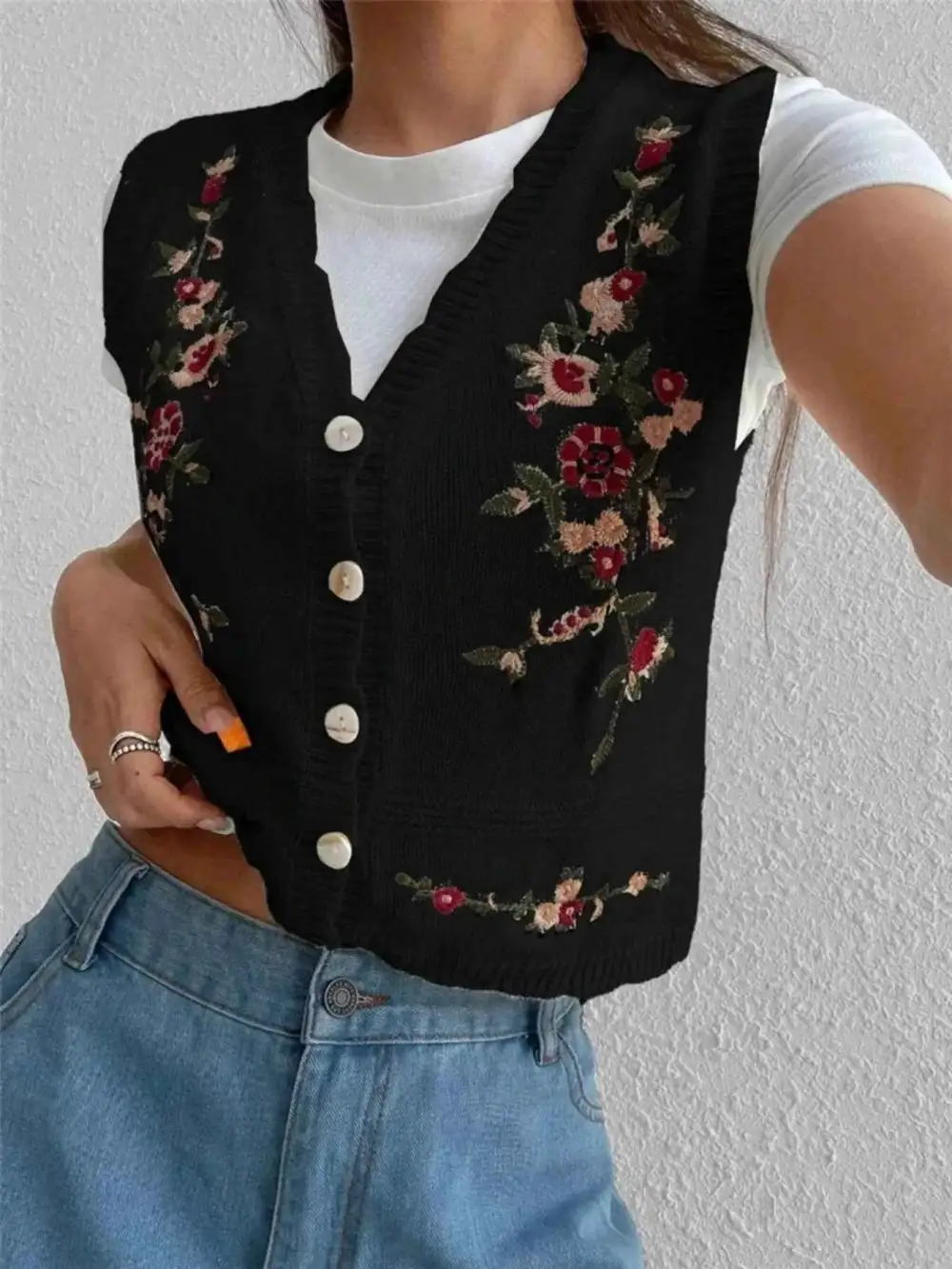 Embroidered Button-Up Sweater Vest