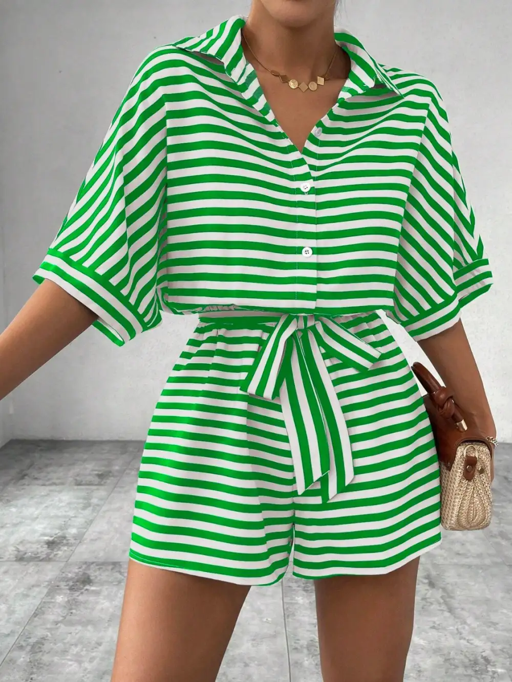 Tie Waist Half Button Romper