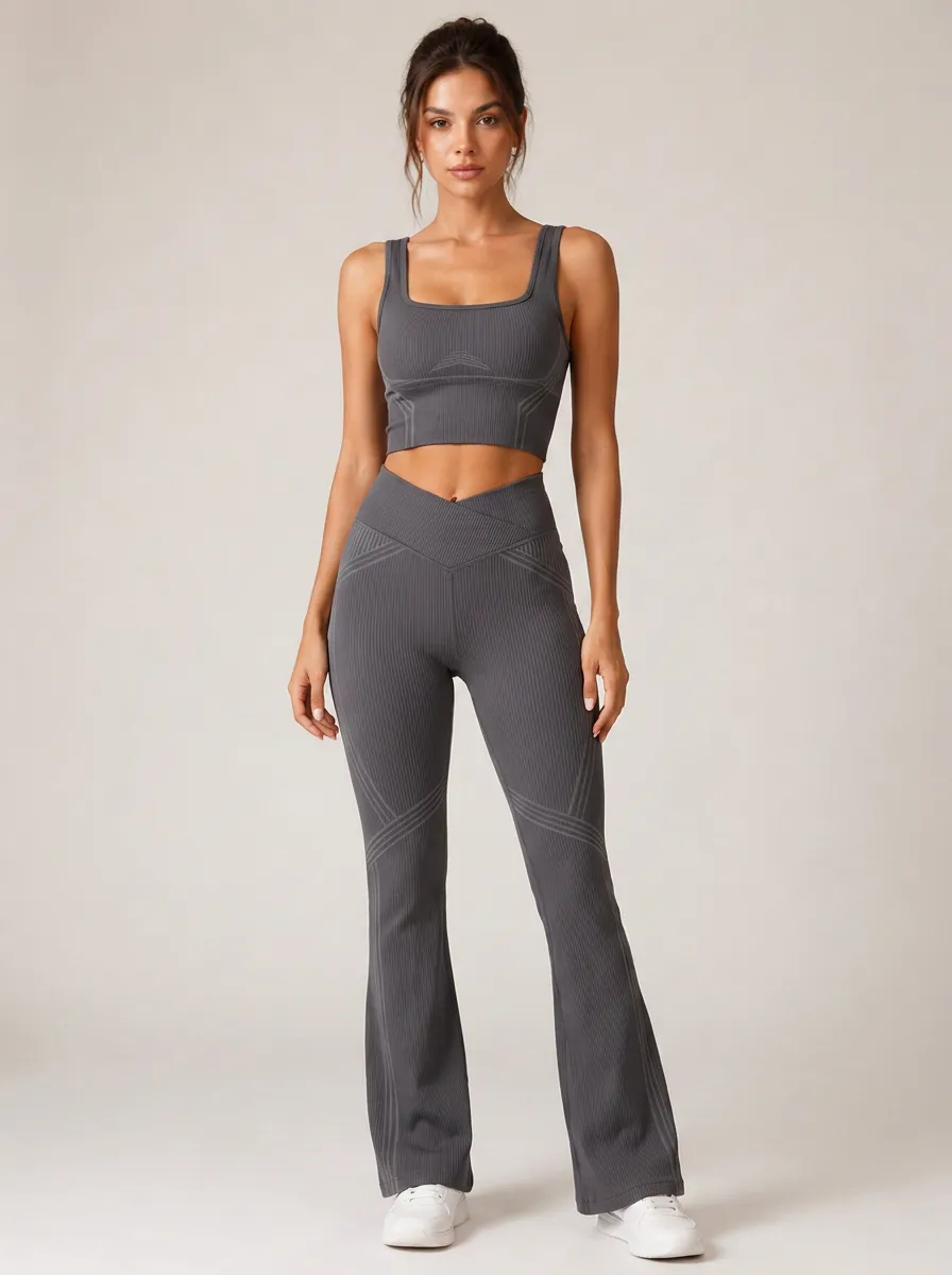 Women's Yoga Fitness Ribbed Cross-Waist Flared Printed Set