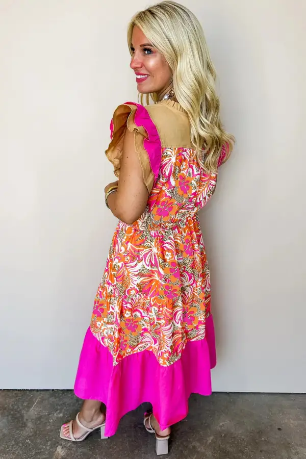 Floral Patchwork Ruffle Midi Dress