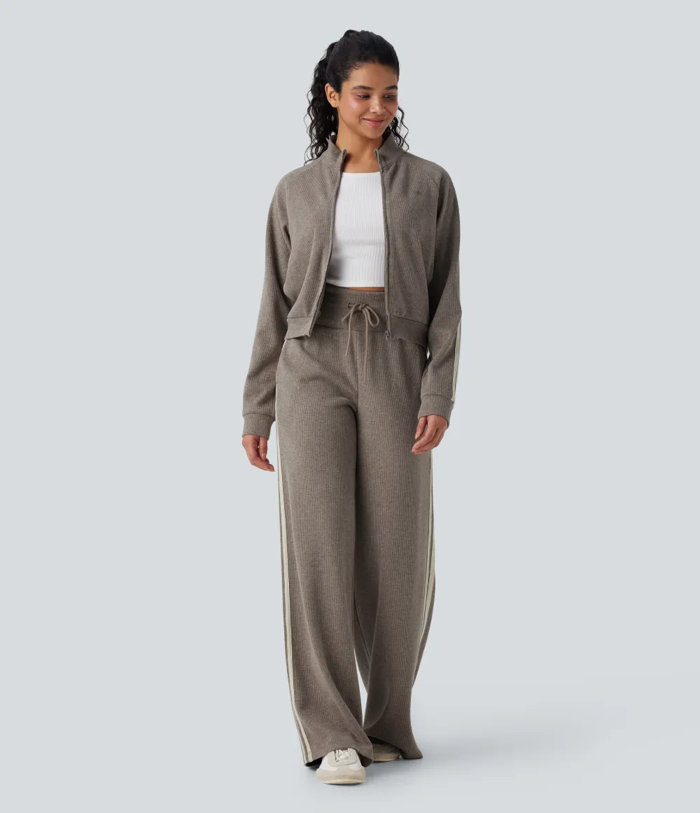 2026🔥  Ribbed SoCinched High Waisted Tummy Control Drawstring Wide Leg Color Block Casual Trousers with Pockets