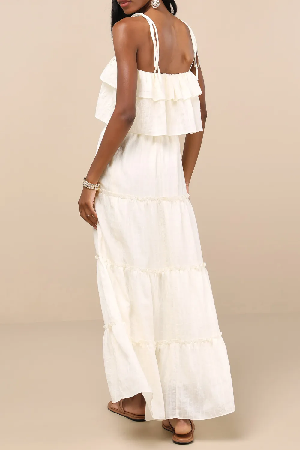 Casual Style Textured Tie-Strap Tiered Maxi Dress