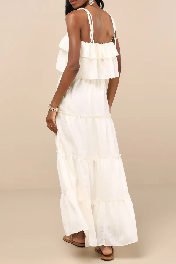 Casual Style  Ivory Textured Tie-Strap Tiered Maxi Dress
