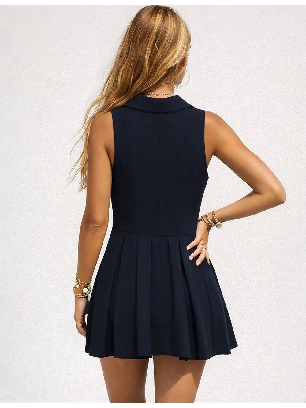 Sailor Collar Lace Trim Solid Color Pleated Mini Dress