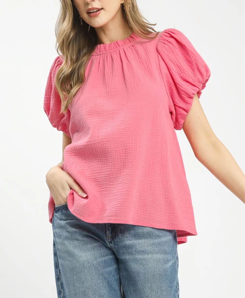 Cotton Textured Gauze Ruffle Neck Boho Top